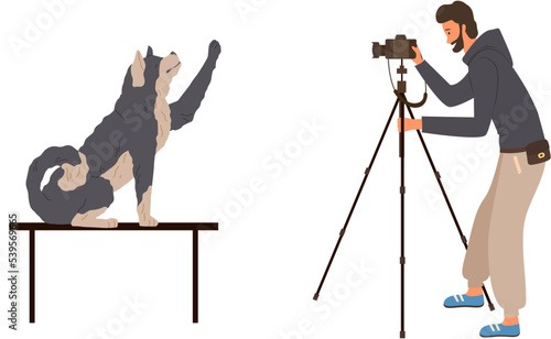 Professional photographer makes pictures of dog. Guy with camera takes photo of pet. Photo session of domestic animal. Dog posing for camera vector illustration. Man shooting cute puppy in studio