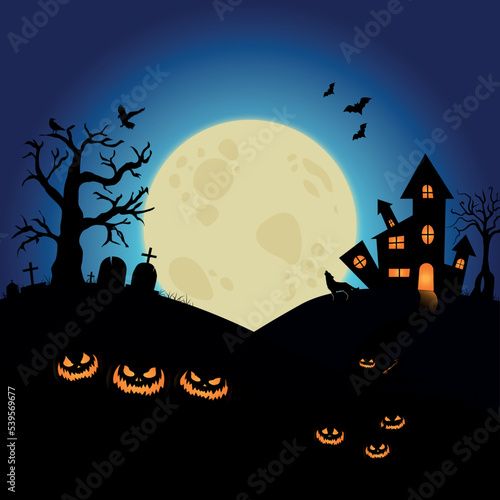 Halloween silhouette scary background, in vector isolated style. With pumpkins, crows, bats, scarecrow, castle, pits, tombs, cross, tree, wolf and moon icons.