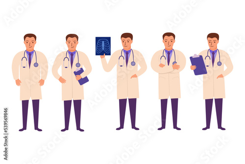 Medical doctor looking at x-ray picture.Radiologist looking at human xray.Man doctor with health scan.Medical worker analyzes results of medical checkup.Vector flat illustration.