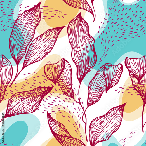 Sketch style doodle line texture leaves over stains and dots seamless vector pattern organic design.