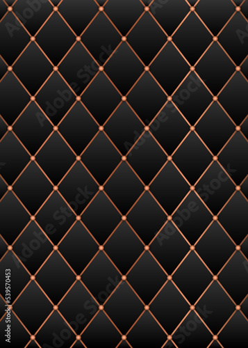 Luxurious background of black leather, upholstery with gold buttons