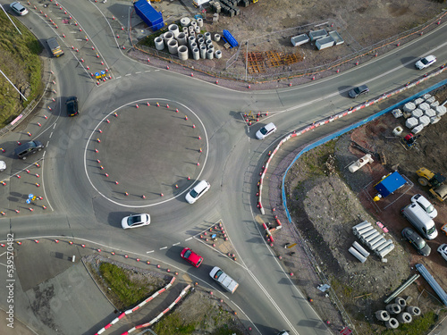 Aerial view of a temporary roundabout made from traffic cones in major roadworks photo