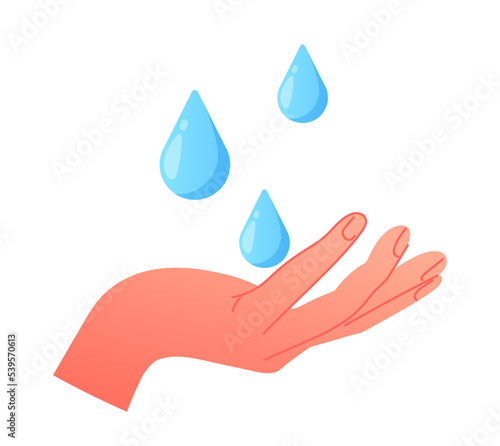 Hand with water drop. Stylish logo, brand and icon. Motivational poster or banner. Caring for ecology and environment. Reducing emissions of harmful substances. Cartoon flat vector illustration