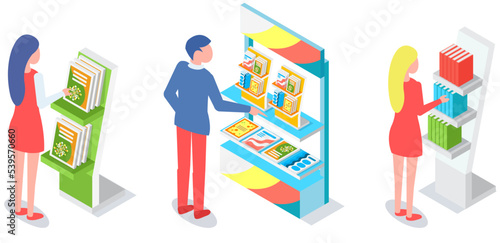 Woman looking at stand with books, brochures. Advertising company, promotion, distribution concept. Female choosing product catalogs, magazines. Lady near journal, literature exhibition on rack