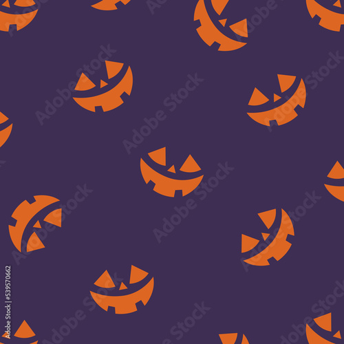 Halloween funny seamless pattern with Jack-O-Lantern orange smile faces on violet background. For fabric, wrapping paper, wallpapers. Vector illustration. Trick or treat. Happy Halloween.