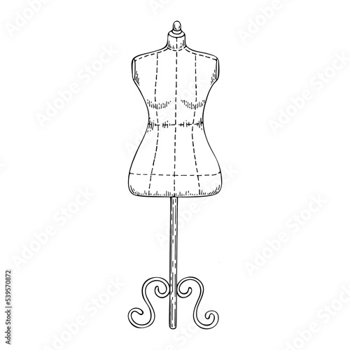 Tailors mannequin line art. Tailoring fitting cutting. Vintage sewing tool. Tailor profession. Hand drawn vector doodle illustration.