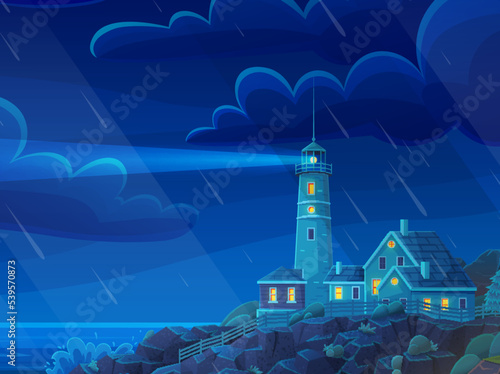 Lighthouse on coast in ocean in evening in rainy weather with thunder, with waves, stars and clouds. Night view of seacoast with lighthouse during rain. Landscape of nature with sea, nautical light