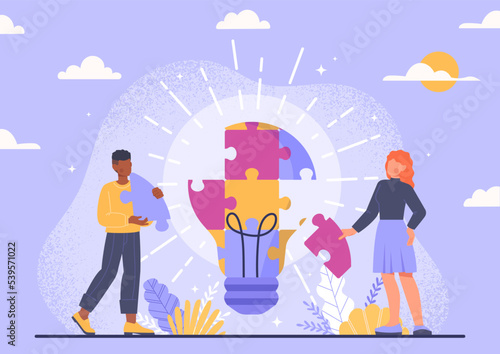 Concept of teamwork. Man and woman assemble light bulb from colorful puzzles. Brainstorm, idea and insight. Collaboration and cooperation, partnership metaphor. Cartoon flat vector illustration