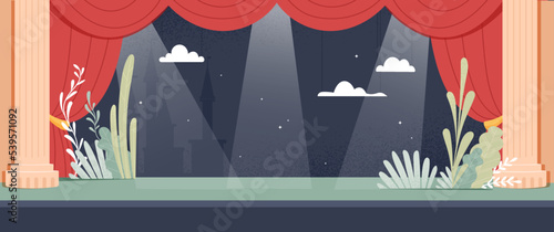 Theater stage concept. Place for speeches and performances. Creativity and art. Castle stylue against black sky with stars. Cardboard decorations and spotlights. Cartoon flat vector illustration