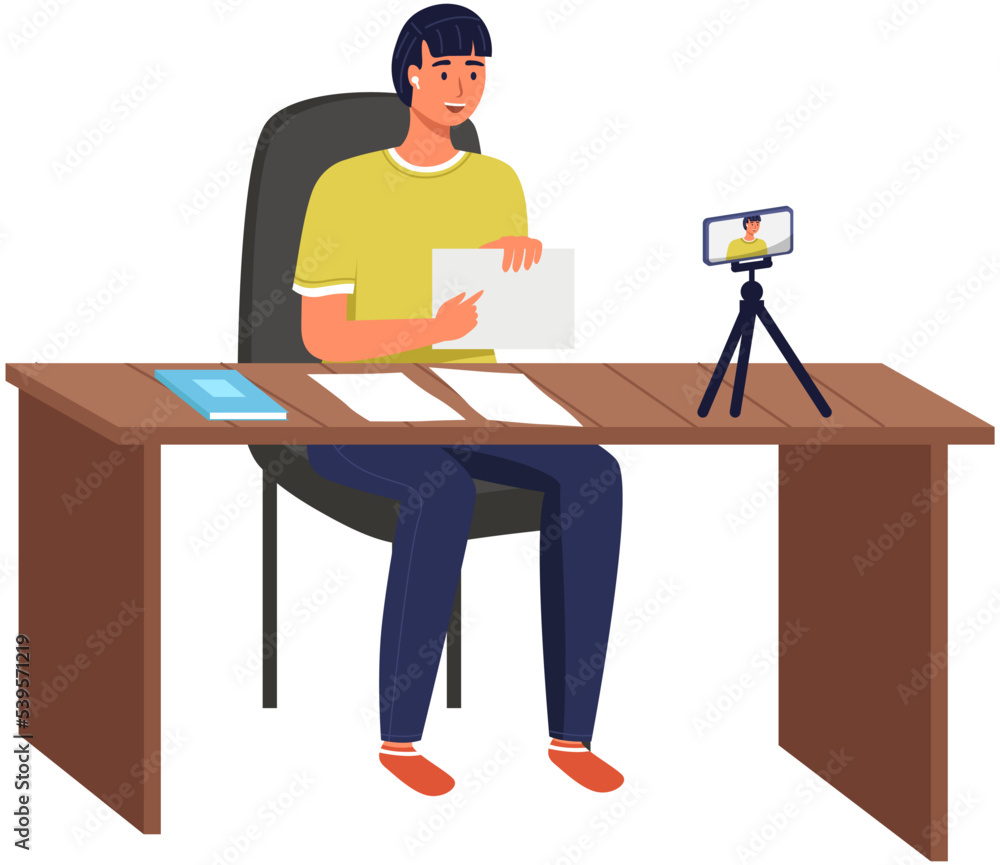 Negotiation session, blogger recording video for blog. Video call, podcast concept. Man with smartphone talking to friend on screen at online meeting. Distance learning at educational platform
