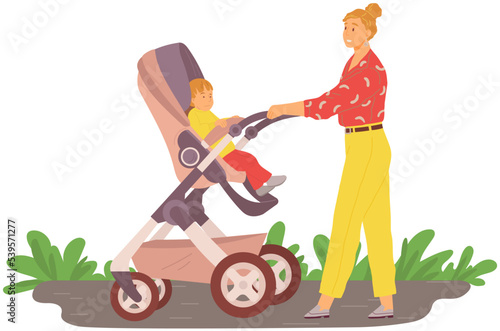 Smiling young woman walking with baby stroller. Kids transport. Carriage for baby boys or baby girls. Mother walks outdoors with child. Theme of motherhood and fatherhood. Promenade in open air