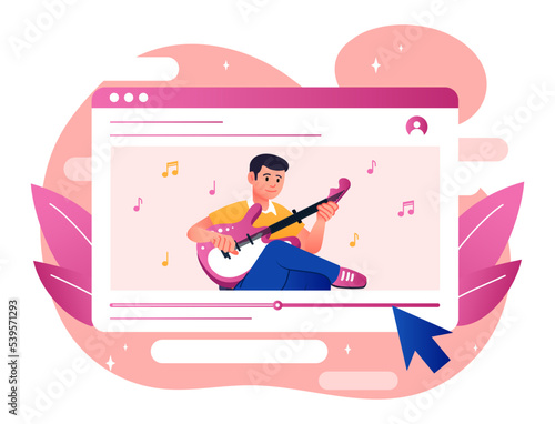Video content concept. Interface for programs and apps, graphic elements for site. Man plays guitar and leads stream, musician and guitarist. Interesting content. Cartoon flat vector illustration