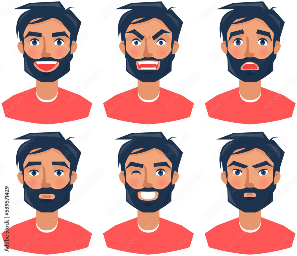 Set of Funny Portraits of Different Young People Faces Expressing Emotions.  Cartoon Style. Happy, Angry, Sad, Annoyed Stock Image - Image of human, face:  255779047