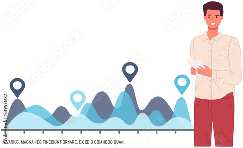 Analytics information and development statistics. Web analysis measure, product testing technology. Man analyses dashboard seo optimization, digital report. Statistical indicators and data on diagram