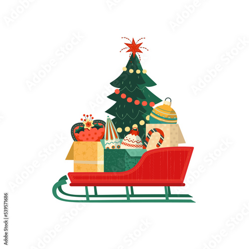Festive Santa sleigh with Christmas tree ornaments vector icon. Christmas tree, boxes, ornate decorations, Santa sled colorful cartoon design element illustration. Festive sale invitation background