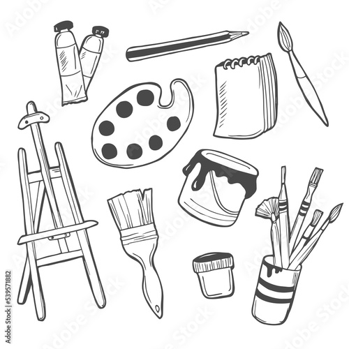 Vector art tools sketch. set hand drawn vector artist s supplies. Doodle graphic tablet, markers and paints. Art background