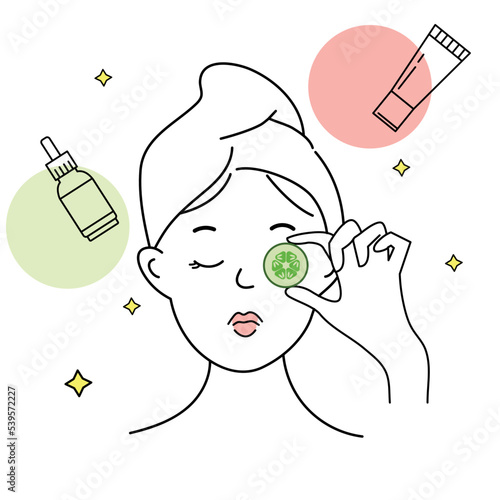 Pretty woman doing skin care procedures with cucumber.Skin care for girl character design of vector.Skin care procedures. The concept of facial cleansing, mask, moisturizing and makeup removal.