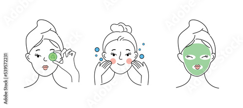 Beauty Girl Take Care of her Face and Use Facial Sheet Mask. Adorable Woman Making Skincare Procedures. Skin Care Routine, Hygiene and Moisturizing Concept. Young Woman Cleaning And Care Her Face Set.