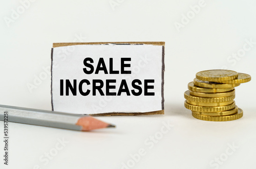 On a white background, a pencil, coins and a sign with the inscription - SALE INCREASE