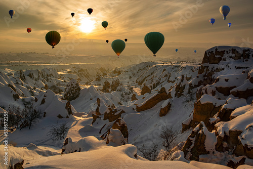 Balloons in cappadocia. The longest sunset in Cappadocia is watched from the Red Valley. Nevsehir, Turkey