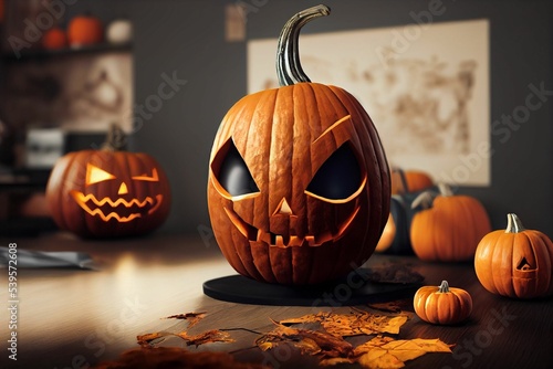 Closeup of Halloween pumpkins with evil smile