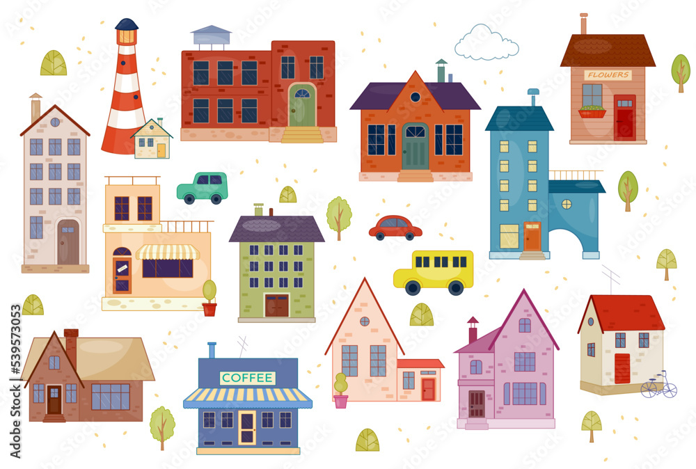 Set of cute tiny houses. Stylish city buildings, trees and vehicles. Beautiful little homes with modern facades, windows and roofs. Cartoon flat vector collection isolated on white background