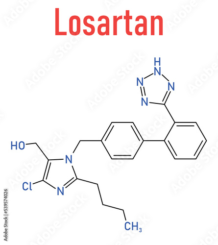 Losartan hypertension drug molecule. Skeletal formula.