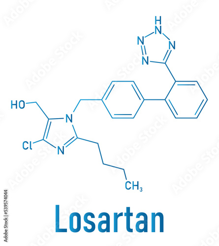 Losartan hypertension drug molecule. Skeletal formula. photo