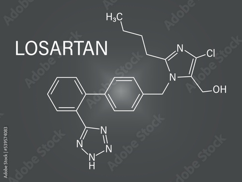 Losartan hypertension drug molecule. Skeletal formula.