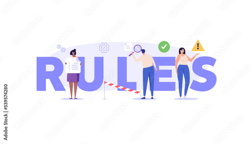 Concept of rules and regulations, company policy, corporate law and business ethics. Business people research checklist of rules and regulation standards. Vector illustration in flat design Concept of rules and regulations, company policy, corporate law and business ethics. Business people research checklist of rules and regulation standards. Vector illustration in flat design