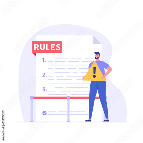 Concept of rules and regulations, company policy, corporate law and business ethics. Business man demonstrating checklist of rules and regulation standards. Vector illustration in flat design