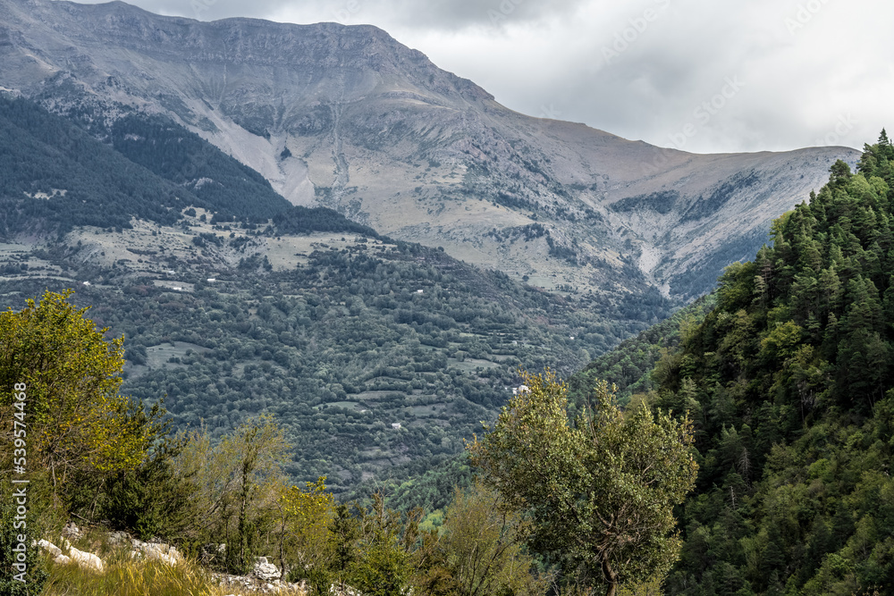 Fototapeta premium magnificent view of Pyrenees mountains with rock outcrops and forest covered slopes