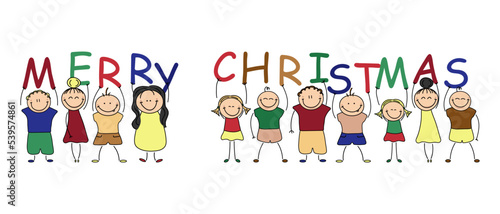 Children holding a Merry Christmas sign. Inscription. Christmas cards. Isolated on white background.