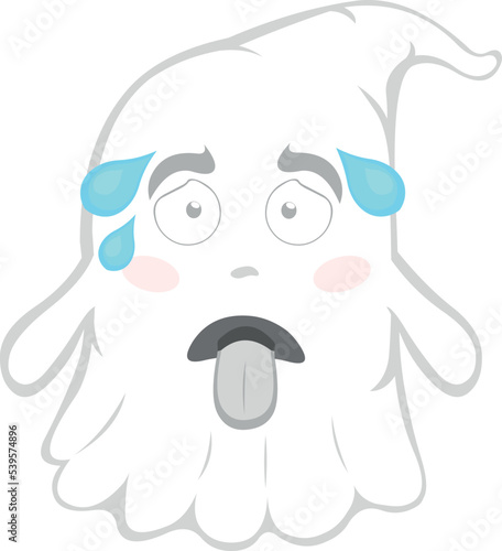 Vector illustration of an exhausted cartoon ghost, with tongue out and sweat drops on his head