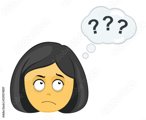 Vector emoji illustration of a yellow cartoon woman with a thinking expression or doubt with a thought cloud with question marks