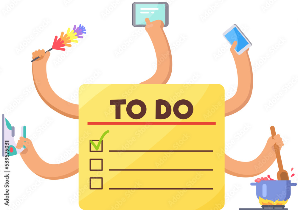 Person with many hands coping with multitasking. Businesswoman doing multiple tasks. Character working with to do plan. Overload at work and home concept. Woman hands working and housekeeping Person with many hands coping with multitasking. Businesswoman doing multiple tasks. Character working with to do plan. Overload at work and home concept. Woman hands working and housekeeping