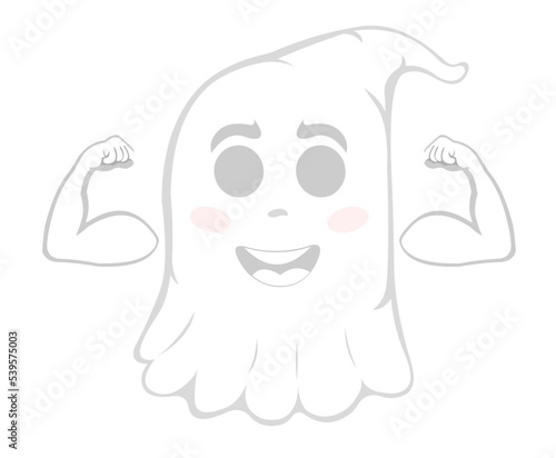 Vector illustration of a cartoon ghost with a happy expression and showing the biceps of the arms