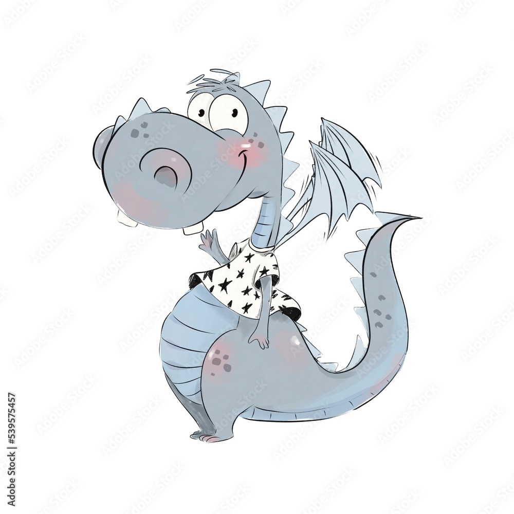 Fototapeta premium A cute dragon floats in a hat. Drawn in digital.