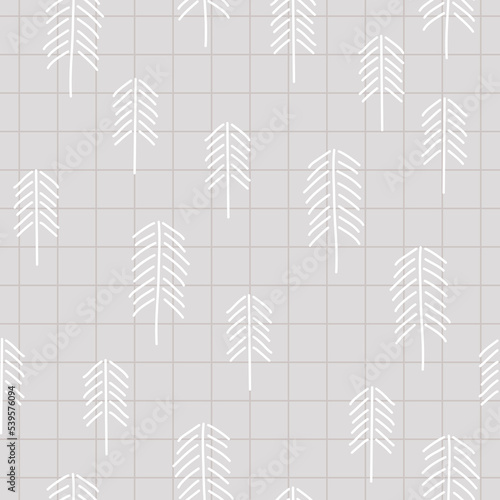 Gray abstract neutral checkered background with white Christmas trees. Vector simple seamless pattern. The print is minimalist, gender neutral