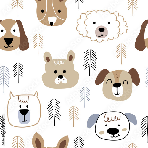 Cute dogs faces with decorative elements on a white background. Seamless childish pattern with dog animal faces. Creative nursery background. 