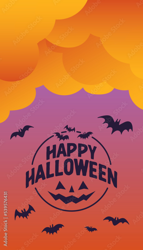 Happy Halloween logo, in vertical background for social media post. Clouds and bats, spooky elements.