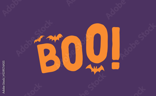 Boo! exclamation lettering. Halloween quote funny design with bats.
