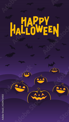 Halloween banner. Dark scene with shinning carved pumpkins. Vertical design for social media posts.