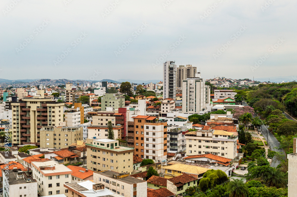 Aerial view of residential buildings in the city of Belo Horizonte. Panorama. Large sky totally cloudy.