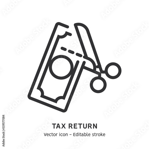 Tax deduction line icon. Concept of tax return, optimization, duty, financial accounting. Flat outline icon. Editable stroke photo