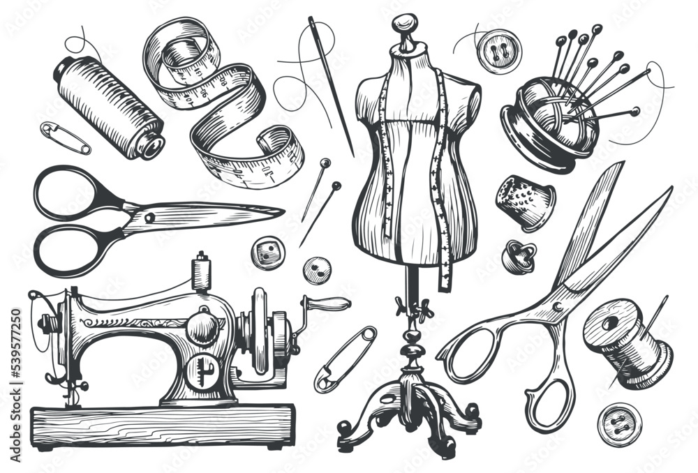 Tailored clothes. Sewing tailor tools set vector hand drawn sketch
