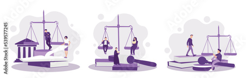 Set of small lawyers, big books, gavels and scales of justice on white background