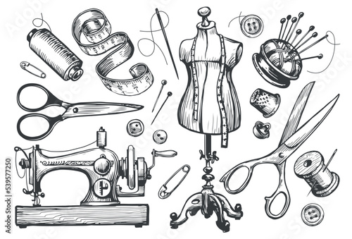 Tailored clothes. Sewing tailor tools set vector hand drawn sketch illustration. Clothing workshop concept photo