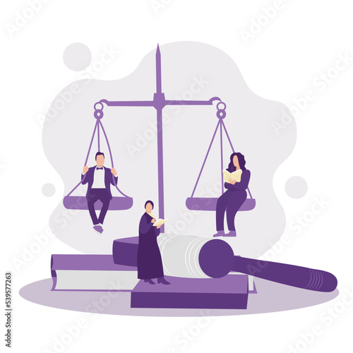 Small lawyers, judge, big books, gavel and scales of justice on white background