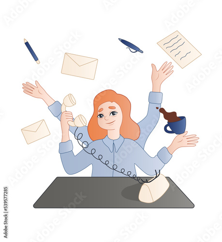 Female secretary with lot of work talking by telephone at workplace on white background